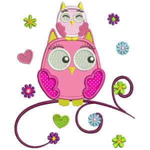 Mommy Owl And Baby Owl Sitting On The Branch Applique Machine Embroidery Design Digitized Pattern